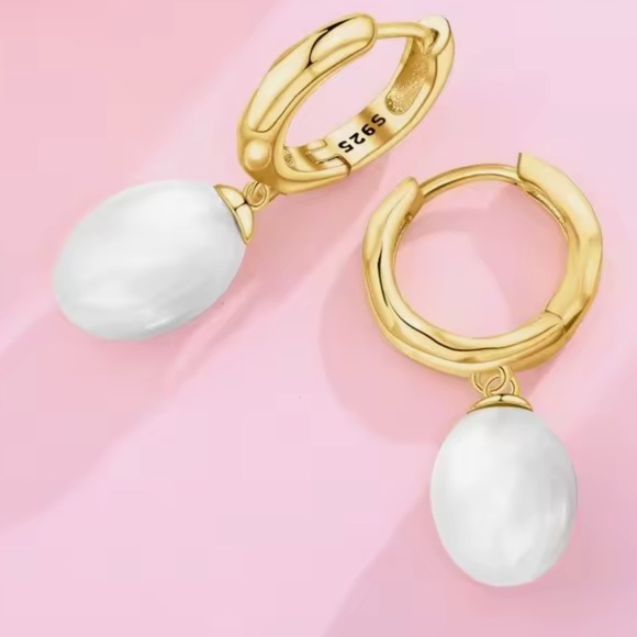 New Pearl Drop Hoops, .925/14k - Picture 1 of 6